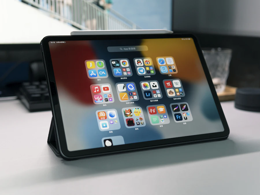 An iPad standing on a desk